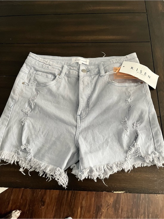 Risen Jeans Pants - RISEN Light Blue Distressed Denim Shorts with Frayed Hem